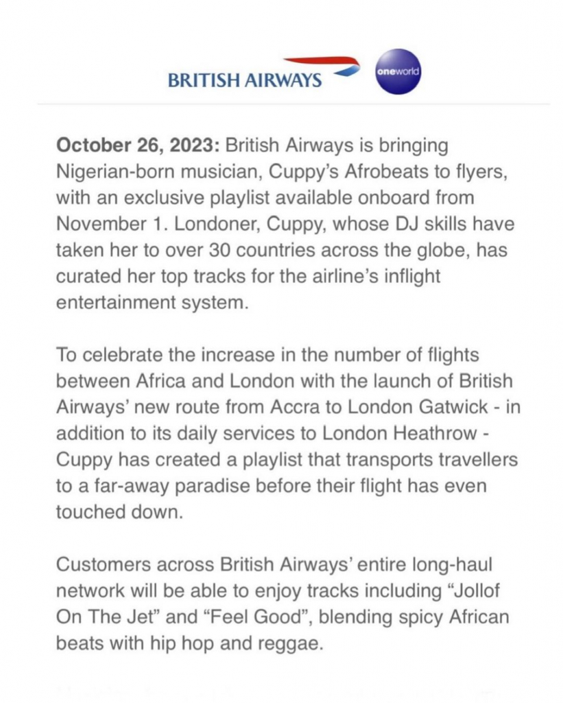 A statement by British Airways on its partnership with DJ Cuppy.